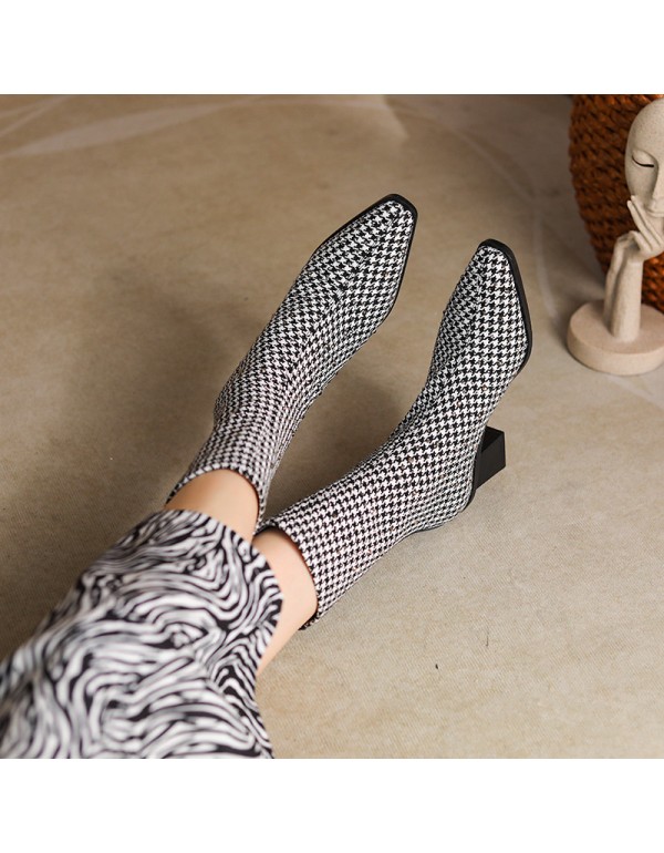 756-7 French thousand bird lattice pointed short boots, women's and nude boots, retro temperament, high heels, celebrity style, thick heels fashion boots 