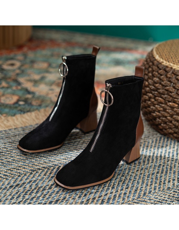 2021 early autumn new square suede high-heeled boots children's Korean version front zipper middle tube thick heel boots thin boots 