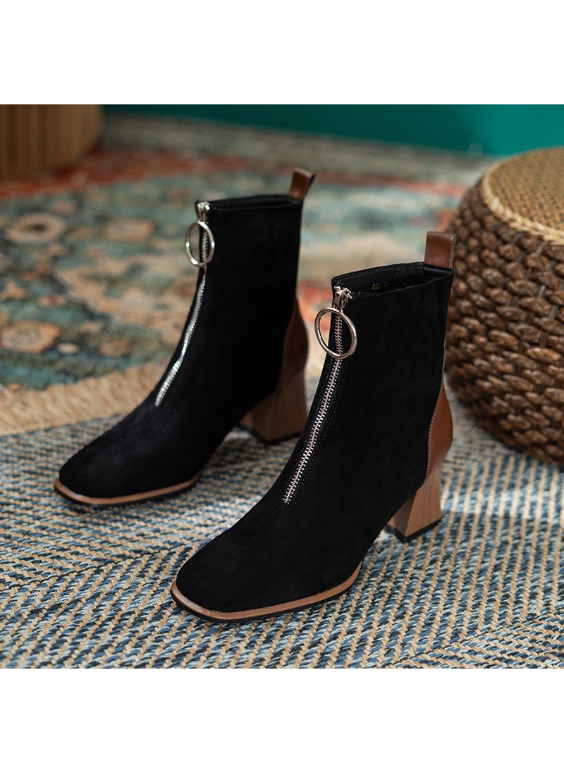 2021 early autumn new square suede high-heeled boo...