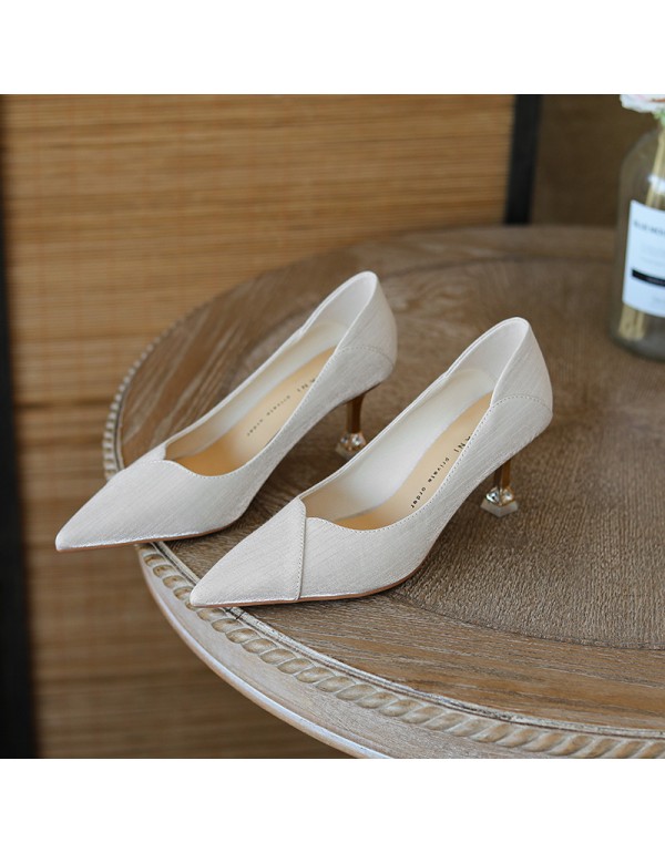 998-16 diagonal sewing silk satin high heels women's pointed thin heel single shoes solid color professional work shoes heel stepping 