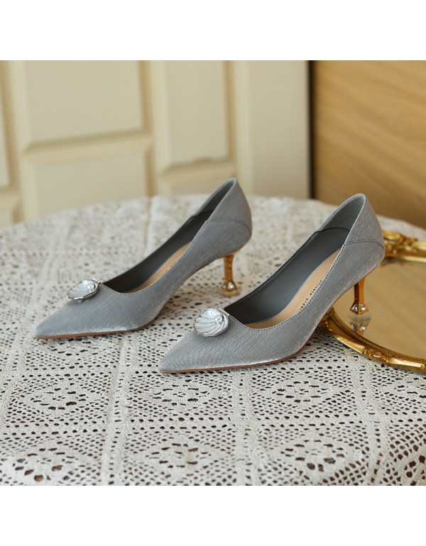998-10 sheepskin pearl shell high heels women's pointed thin heels 2022 spring hard and versatile, two can step on heels 
