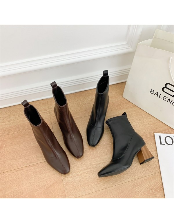 2021 new Korean version square toe short boots women's style wood grain heel cover high heels children's simple medium tube women's Boots