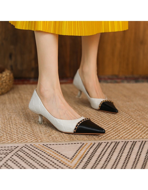 336-1 sheepskin small fragrance color matching pointed high heels women's thin heels shallow mouth celebrities elegant single shoes French Retro 