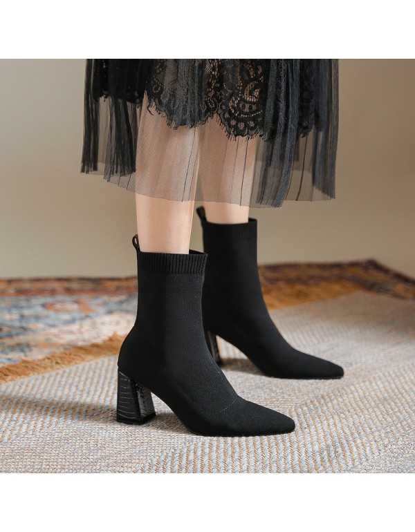 2022 new net red thin pointed thick heel elastic Boots Black Satin socks boots thin boots high heels women's Boots