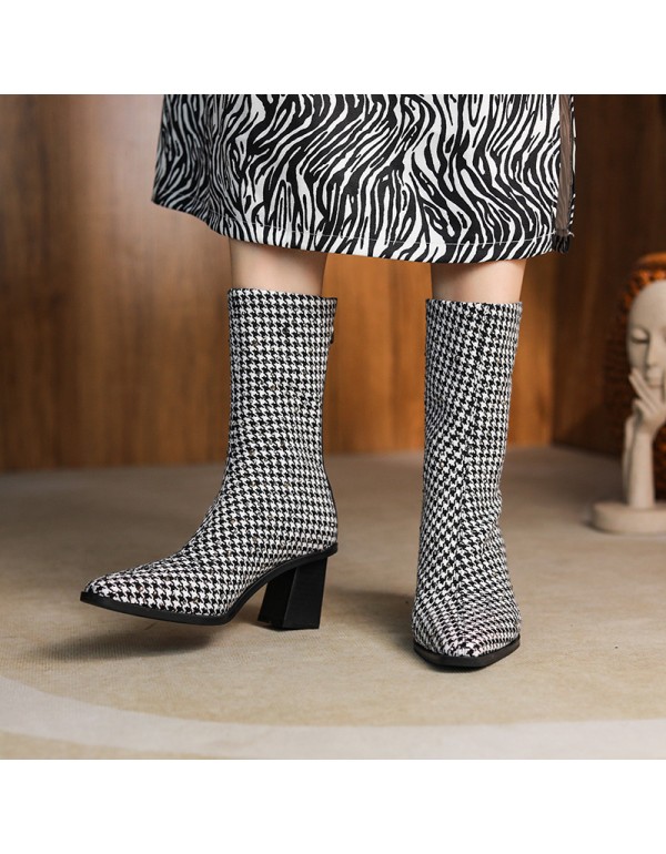 756-7 French thousand bird lattice pointed short boots, women's and nude boots, retro temperament, high heels, celebrity style, thick heels fashion boots 