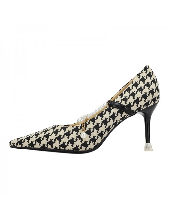 999-14 sheepskin French high heels women's pointed thin heels temperament thousand bird lattice color matching light mouth single shoes 8cm autumn 