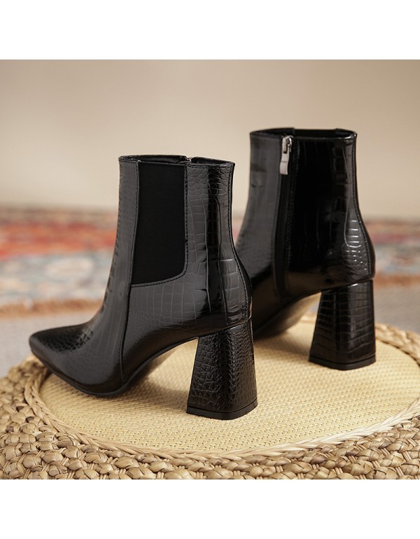 2022 new pointed thick heel elastic boots black super fiber socks boots thin boots high heels middle short boots women's Boots