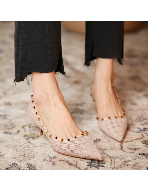 339-12 thousand bird lattice gauze high heels women's pointed thin heels middle heel rivet single shoes shallow mouth retro style spring 2021 