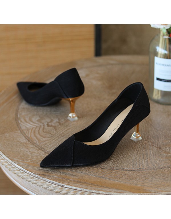 998-16 diagonal sewing silk satin high heels women's pointed thin heel single shoes solid color professional work shoes heel stepping 