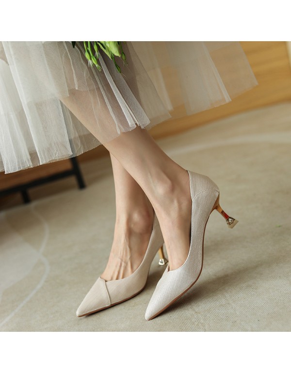 998-16 diagonal sewing silk satin high heels women's pointed thin heel single shoes solid color professional work shoes heel stepping 