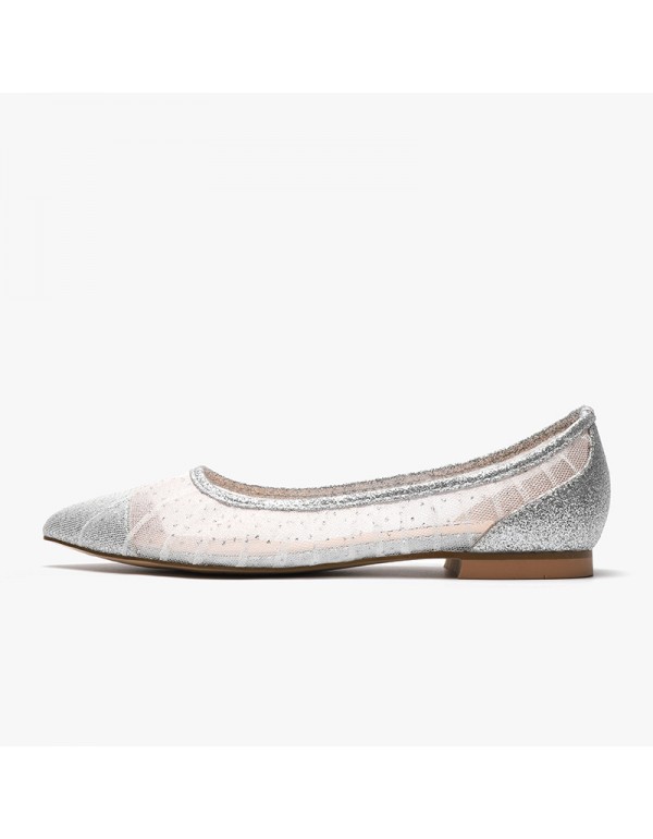 Yuanlitong 2022 fashion new women's flat bottomed pointed low heel pleated highlights mesh wedding women's single shoes