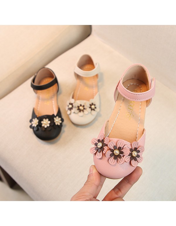 2019 spring Korean girls' fashion student leather shoes girls' Princess Flower soft bottom baby shoes middle and large children's shoes 