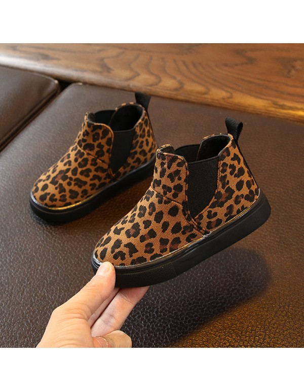 Autumn and winter children's leopard print single boots boys and girls' ground anti-skid thin velvet boots and girls' princess shoes