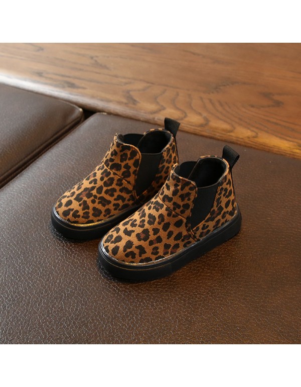 Autumn and winter children's leopard print single boots boys and girls' ground anti-skid thin velvet boots and girls' princess shoes