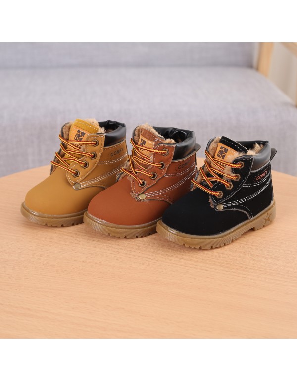 Children's Martin boots winter 1-5-year-old baby yellow boots boys' thick velvet warm cow tendon bottom soft bottom cotton boots 3 wholesale