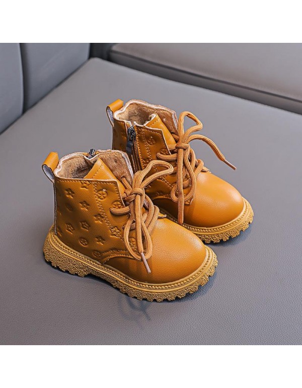 Children's boots 2022 autumn winter new children's boots girls' printed Martin boots boys' English short boots side zipper Plush boots