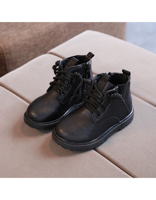 Autumn and winter new children's Martin boots boys' lace up middle tube leather boots girls' simple boots middle children's baby shoes