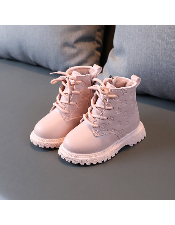 Winter high top children's Martin boots boys' Plush warm leather boots girls' two cotton boots solid color simple children's shoes