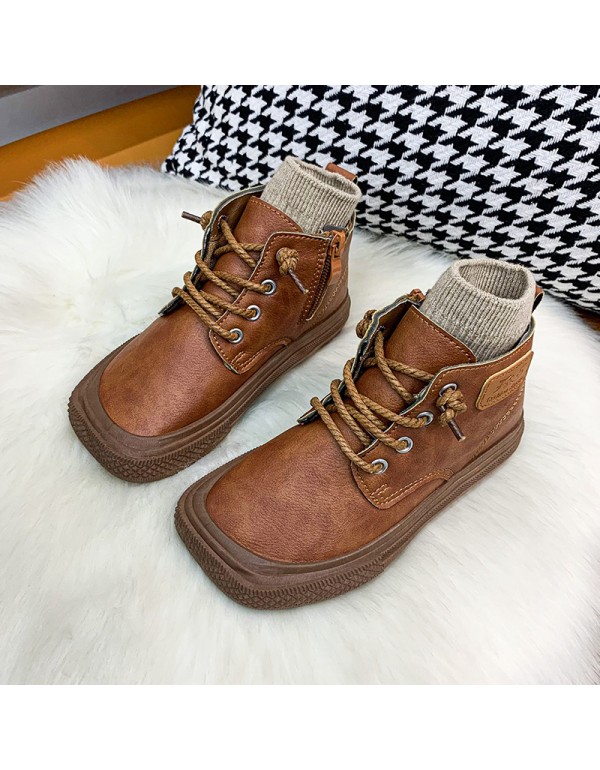 Girls' boots 2021 autumn new low barrel short boots super fiber leather face retro children's fashion boots middle and large children's leather boots