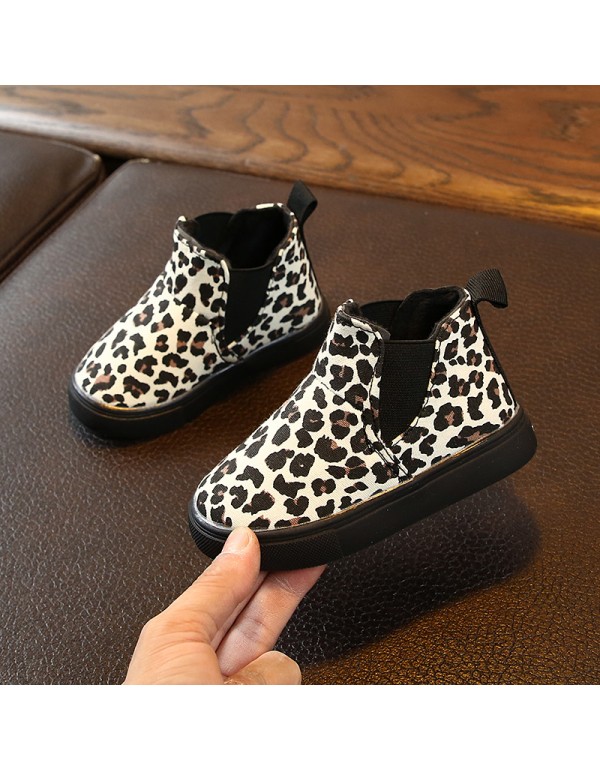 Autumn and winter children's leopard print single boots boys and girls' ground anti-skid thin velvet boots and girls' princess shoes