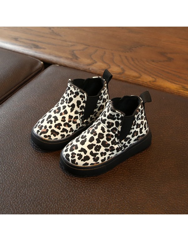 Autumn and winter children's leopard print single boots boys and girls' ground anti-skid thin velvet boots and girls' princess shoes