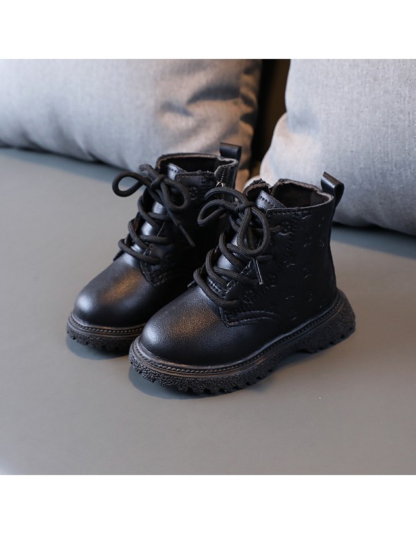 Winter high top children's Martin boots boys' Plush warm leather boots girls' two cotton boots solid color simple children's shoes