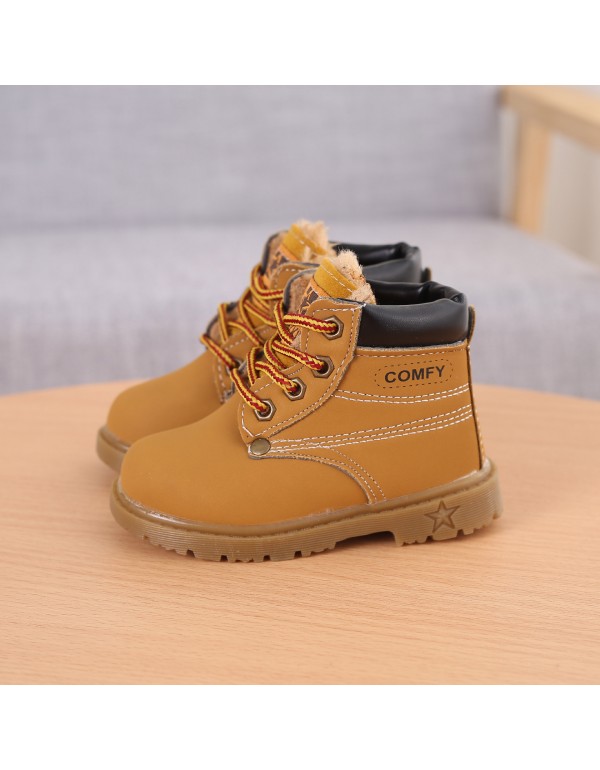 Children's Martin boots winter 1-5-year-old baby yellow boots boys' thick velvet warm cow tendon bottom soft bottom cotton boots 3 wholesale