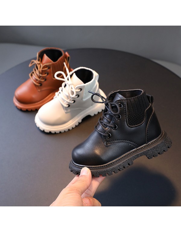 Children's autumn and winter solid color short boots boys' fashion Martin boots wool mouth girls' soft soled boots single boots leather boots