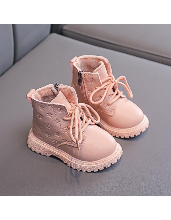 Children's boots 2022 autumn winter new children's boots girls' printed Martin boots boys' English short boots side zipper Plush boots