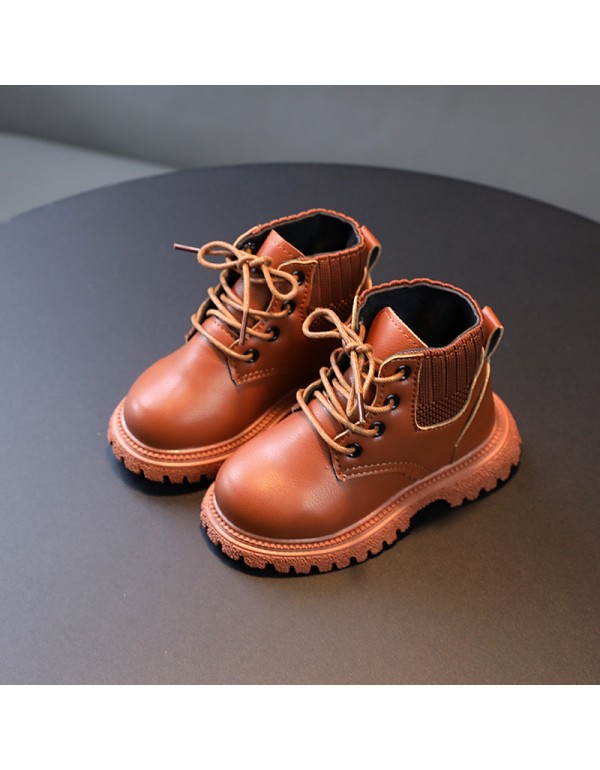 Children's autumn and winter solid color short boots boys' fashion Martin boots wool mouth girls' soft soled boots single boots leather boots