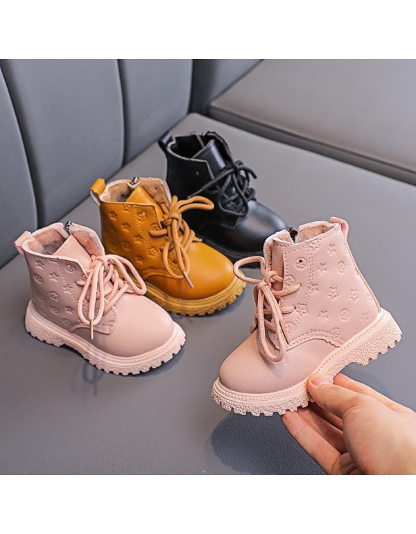 Children's boots 2022 autumn winter new children's boots girls' printed Martin boots boys' English short boots side zipper Plush boots