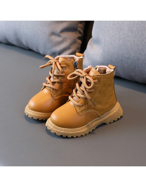 Winter high top children's Martin boots boys' Plush warm leather boots girls' two cotton boots solid color simple children's shoes