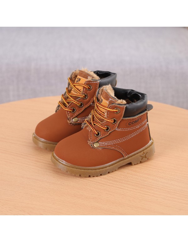 Children's Martin boots winter 1-5-year-old baby yellow boots boys' thick velvet warm cow tendon bottom soft bottom cotton boots 3 wholesale
